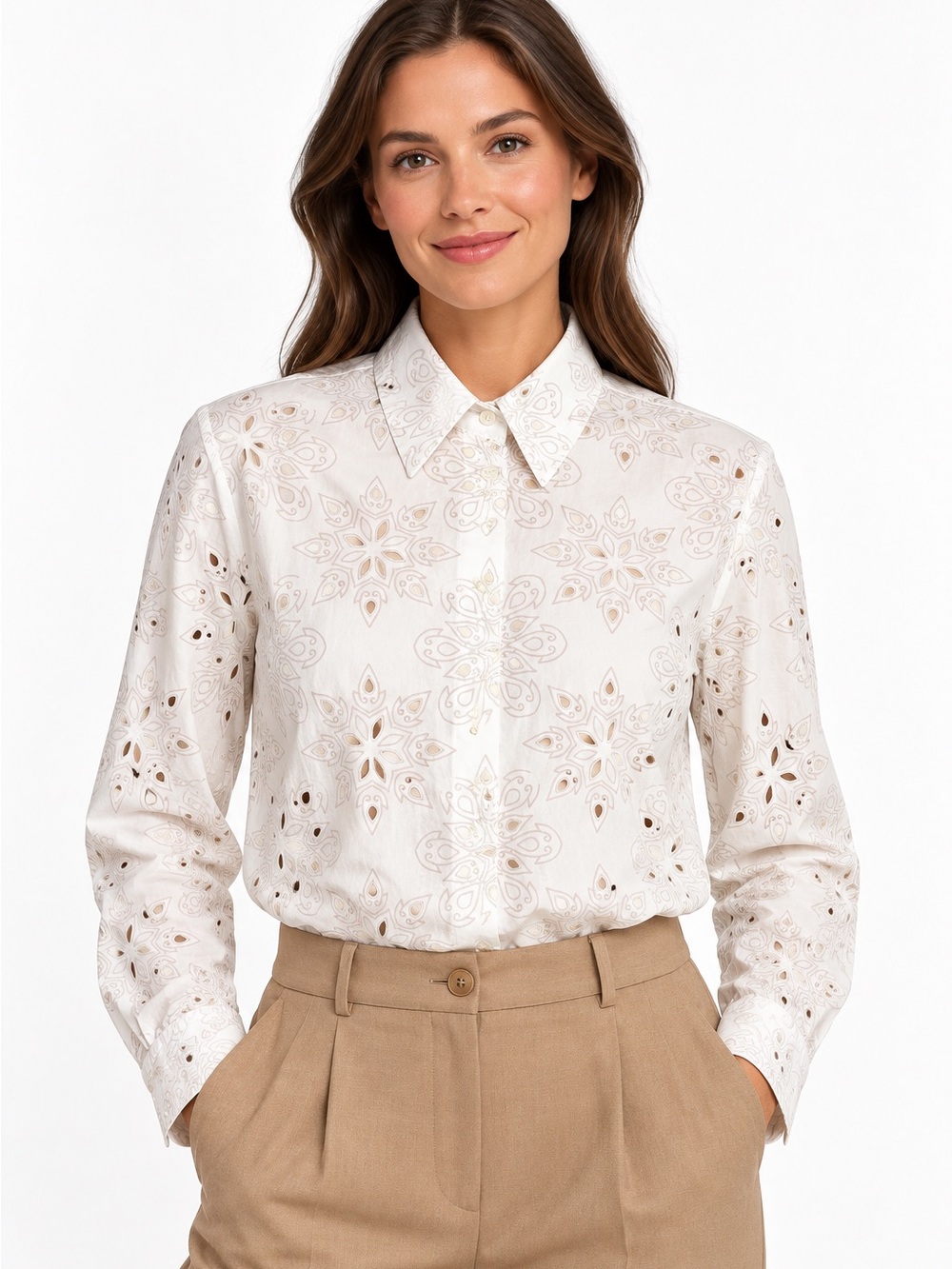 Zara Ivory Beige Eyelet Paisley Button Down Long Sleeve Shirt Blouse Size Medium